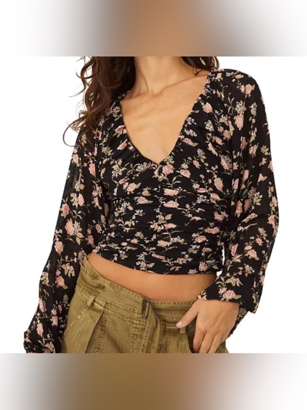 Free People Black Floral V-Neck Ruched Long Sleeve Blouse - Size L